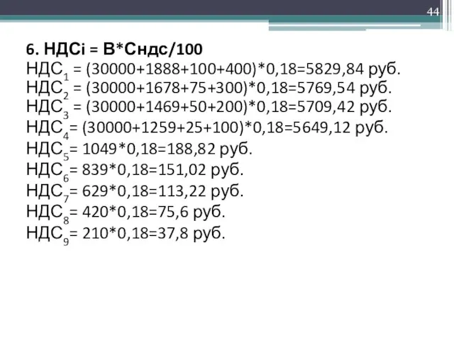 6. НДСi = В*Сндс/100 НДС1 = (30000+1888+100+400)*0,18=5829,84 руб. НДС2 = (30000+1678+75+300)*0,18=5769,54