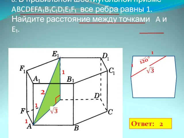 8. В правильной шестиугольной призме ABCDEFA₁B₁C₁D₁E₁F₁ все ребра равны 1. Найдите