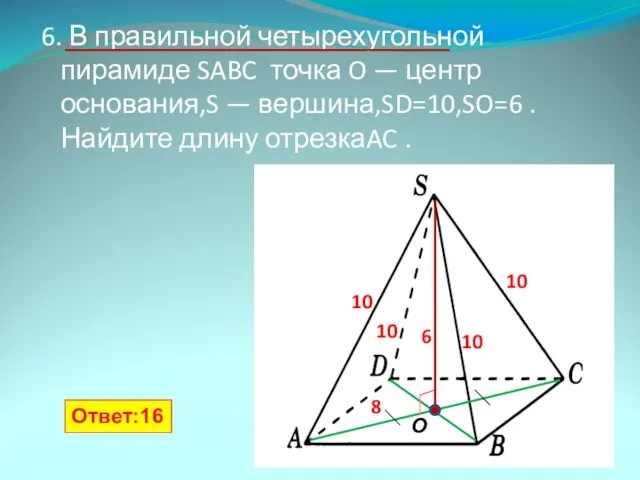 6. В правильной четырехугольной пирамиде SABC точка O — центр основания,S