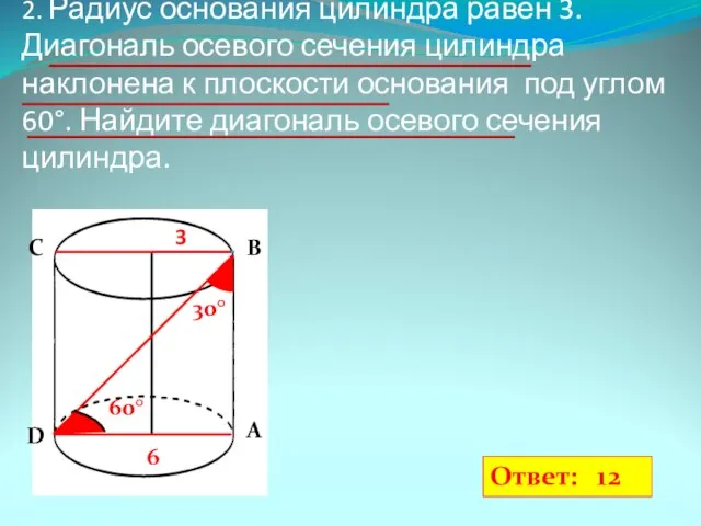 2. Радиус основания цилиндра равен 3. Диагональ осевого сечения цилиндра наклонена