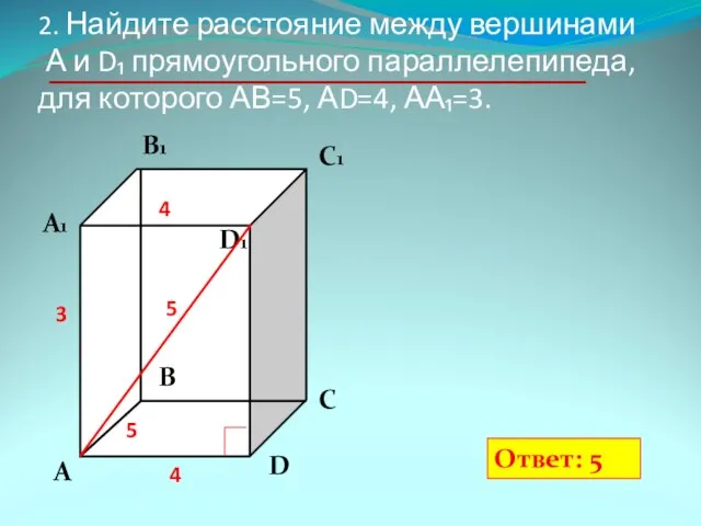 2. Найдите расстояние между вершинами А и D₁ прямоугольного параллелепипеда, для