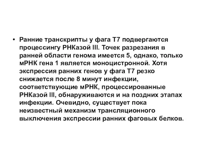 Ранние транскрипты у фага Т7 подвергаются процессингу РНКазой III. Точек разрезания