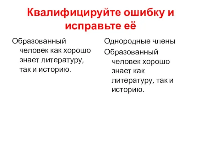 Квалифицируйте ошибку и исправьте её Образованный человек как хорошо знает литературу,