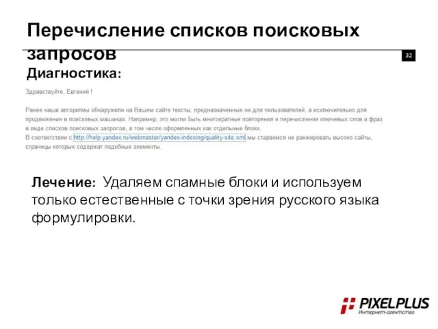 Перечисление списков поисковых запросов Диагностика: Лечение: Удаляем спамные блоки и используем