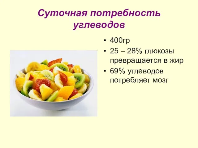 Суточная потребность углеводов 400гр 25 – 28% глюкозы превращается в жир 69% углеводов потребляет мозг