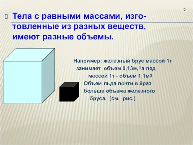 Тела с равными массами, изго-товленные из разных веществ, имеют разные объемы.