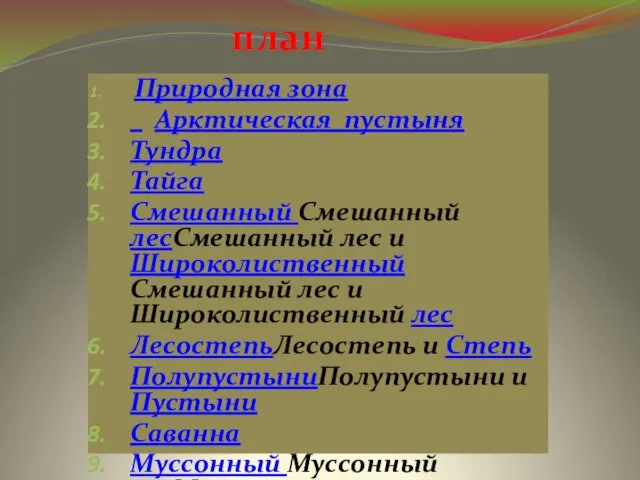 Природная зона Арктическая пустыня Тундра Тайга Смешанный Смешанный лесСмешанный лес и