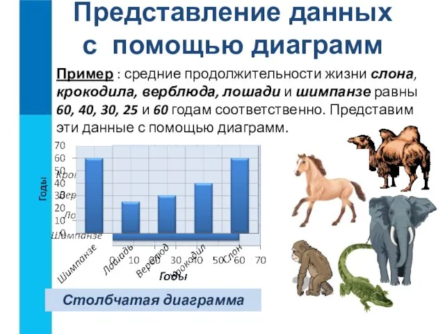 Пример : средние продолжительности жизни слона, крокодила, верблюда, лошади и шимпанзе