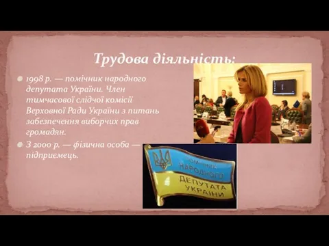 Трудова діяльність: 1998 р. — помічник народного депутата України. Член тимчасової