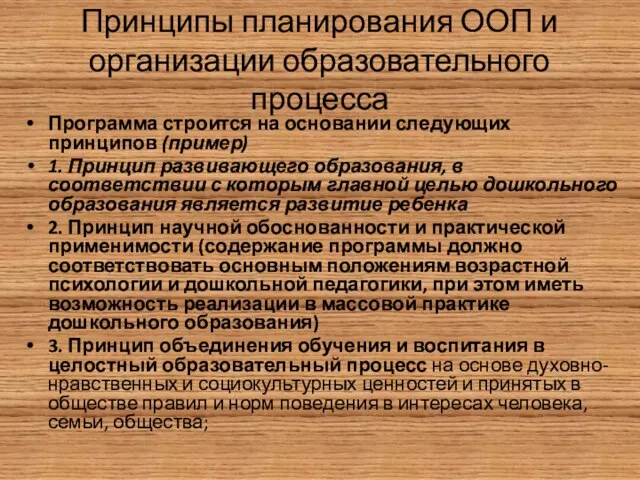 Принципы планирования ООП и организации образовательного процесса Программа строится на основании