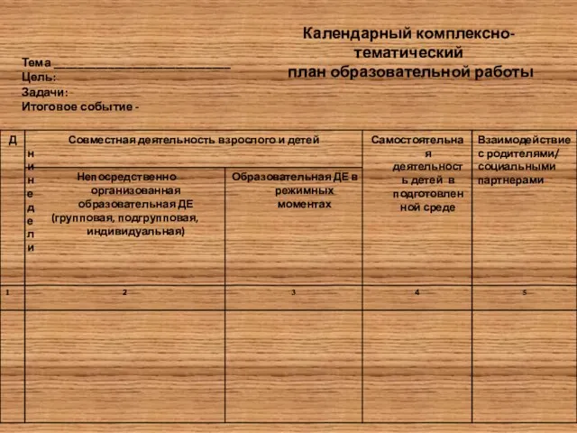 Тема _____________________________ Цель: Задачи: Итоговое событие - Календарный комплексно-тематический план образовательной работы