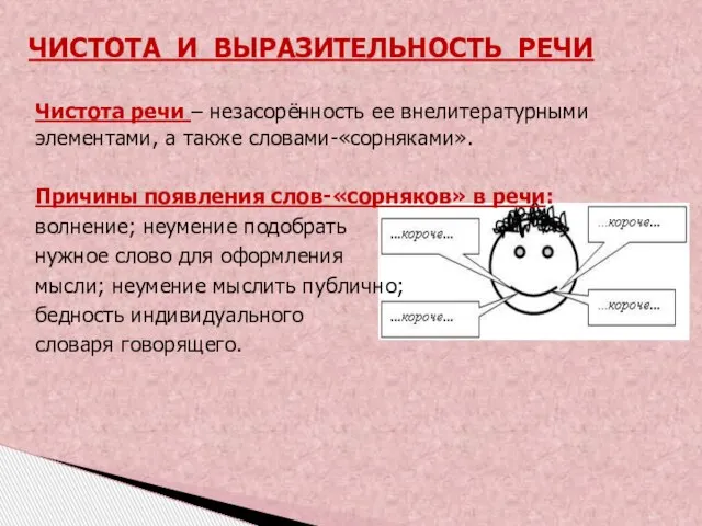 Чистота речи – незасорённость ее внелитературными элементами, а также словами-«сорняками». Причины