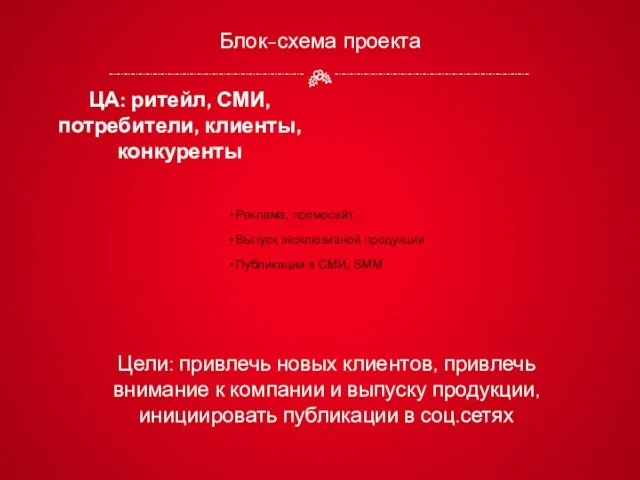 Блок-схема проекта Реклама, промосайт Выпуск эксклюзивной продукции Публикации в СМИ, SMM