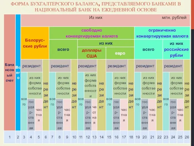 ФОРМА БУХГАЛТЕРСКОГО БАЛАНСА, ПРЕДСТАВЛЯЕМОГО БАНКАМИ В НАЦИОНАЛЬНЫЙ БАНК НА ЕЖЕДНЕВНОЙ ОСНОВЕ