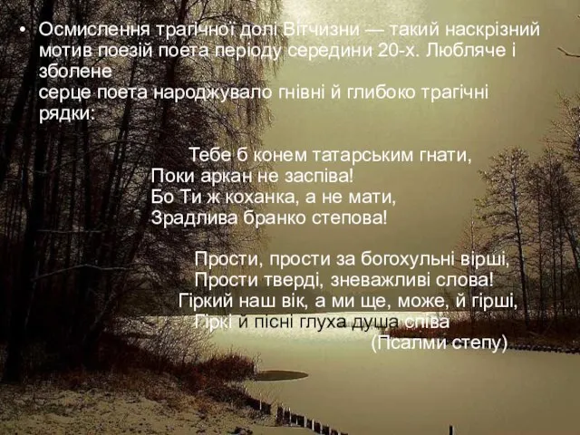 Осмислення трагічної долі Вітчизни — такий наскрізний мотив поезій поета періоду