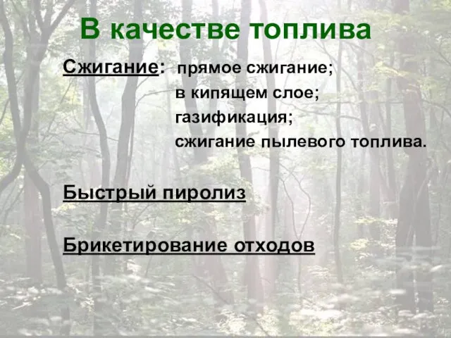 В качестве топлива Сжигание: прямое сжигание; в кипящем слое; газификация; сжигание