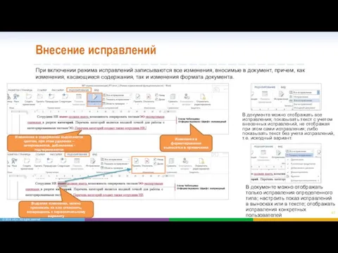 Внесение исправлений При включении режима исправлений записываются все изменения, вносимые в