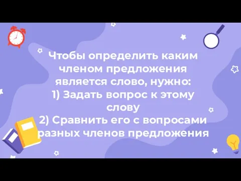 Чтобы определить каким членом предложения является слово, нужно: 1) Задать вопрос