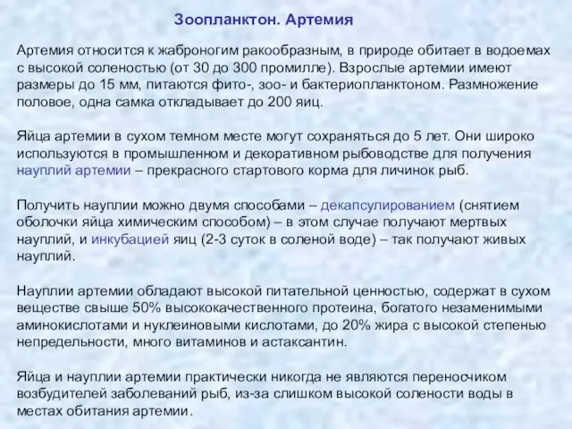 Зоопланктон. Артемия Артемия относится к жаброногим ракообразным, в природе обитает в