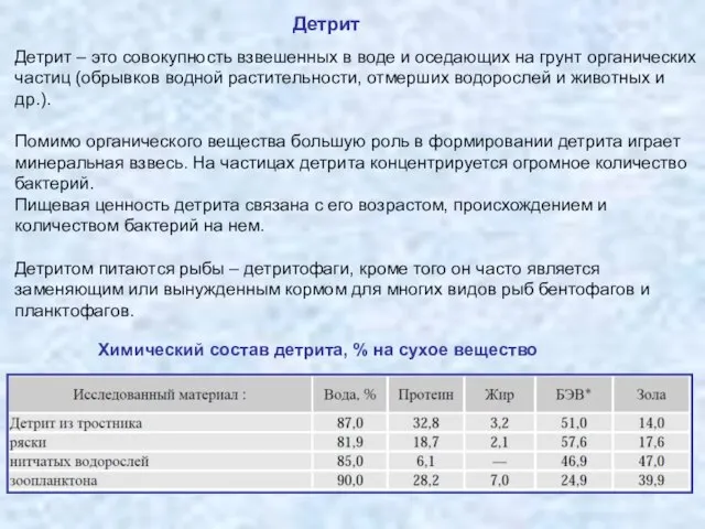 Детрит Детрит – это совокупность взвешенных в воде и оседающих на