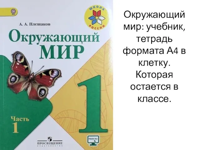 Окружающий мир: учебник, тетрадь формата А4 в клетку. Которая остается в классе.