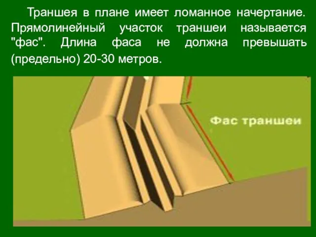 Траншея в плане имеет ломанное начертание. Прямолинейный участок траншеи называется "фас".