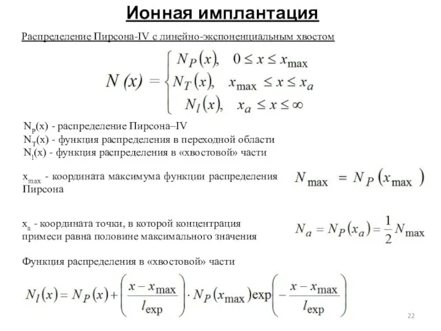 Ионная имплантация Распределение Пирсона-IV с линейно-экспоненциальным хвостом NP(x) - распределение Пирсона–IV