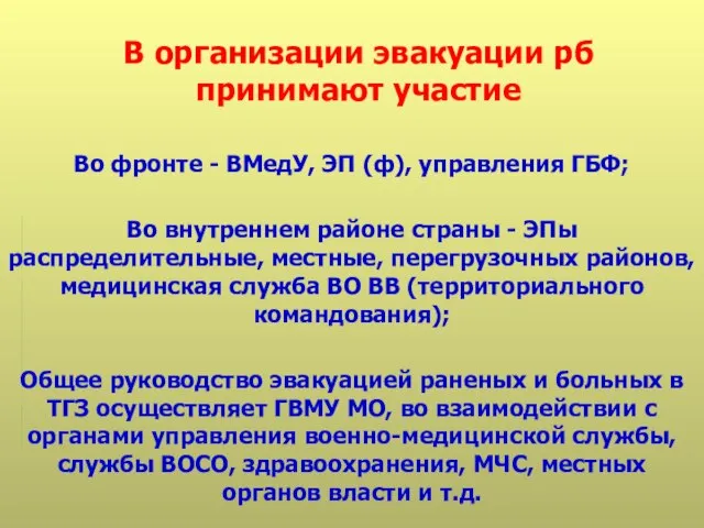 В организации эвакуации рб принимают участие Во фронте - ВМедУ, ЭП