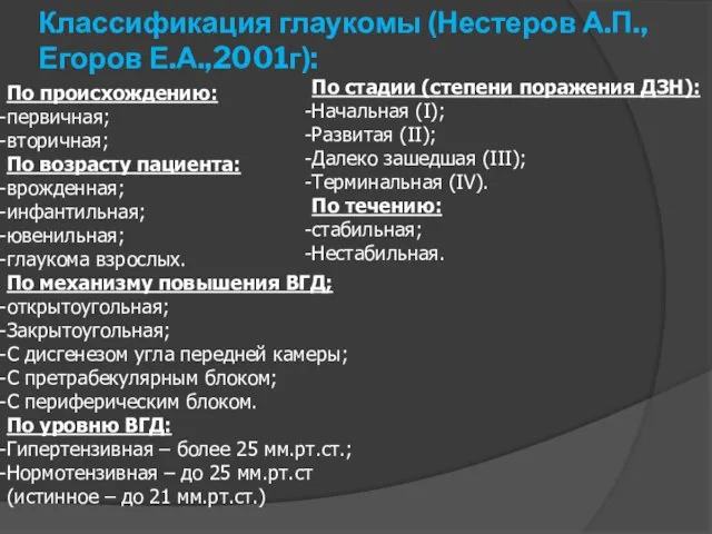 Классификация глаукомы (Нестеров А.П., Егоров Е.А.,2001г): По происхождению: первичная; вторичная; По