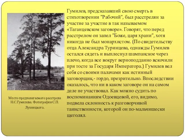 Гумилев, предсказавший свою смерть в стихотворении "Рабочий", был расстрелян за участие