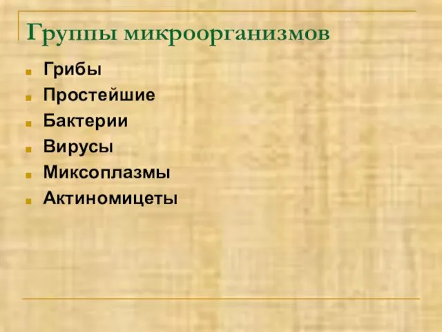 Группы микроорганизмов Грибы Простейшие Бактерии Вирусы Миксоплазмы Актиномицеты