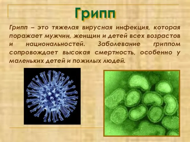 Грипп Грипп – это тяжелая вирусная инфекция, которая поражает мужчин, женщин