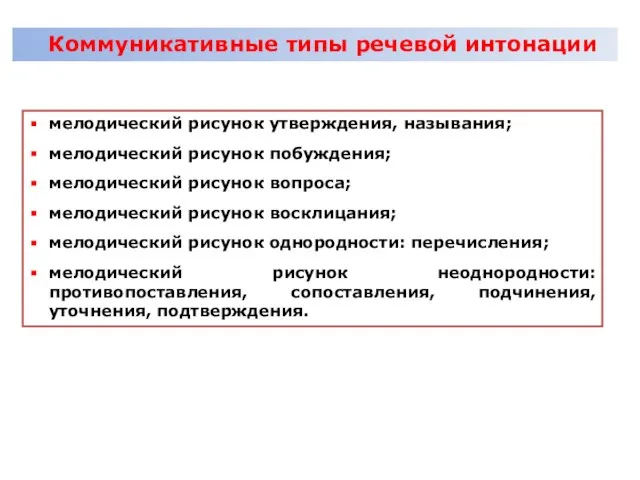 мелодический рисунок утверждения, называния; мелодический рисунок побуждения; мелодический рисунок вопроса; мелодический