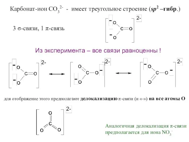 Карбонат-ион CO32- - имеет треугольное строение (sp2 –гибр.) 3 σ-связи, 1