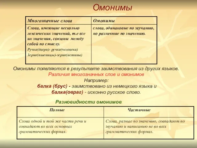 Омонимы Разновидности омонимов: Омонимы появляются в результате заимствования из других языков.