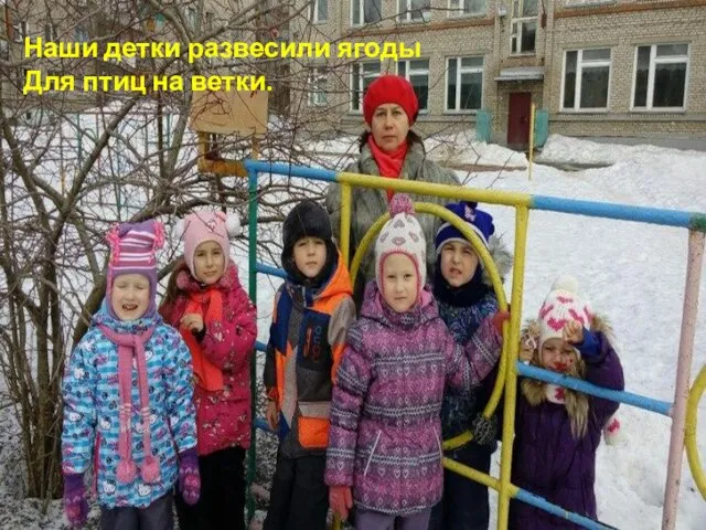 Наши детки развесили ягоды Для птиц на ветки.