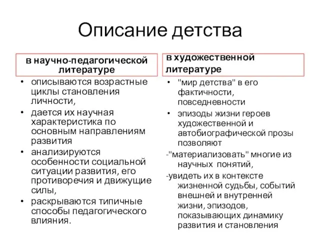 Описание детства в научно-педагогической литературе описываются возрастные циклы становления личности, дается