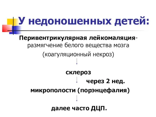 У недоношенных детей: Перивентрикулярная лейкомаляция-размягчение белого вещества мозга (коагуляционный некроз) склероз