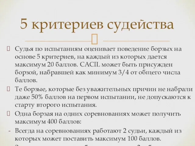 Судья по испытаниям оценивает поведение борзых на основе 5 критериев, на