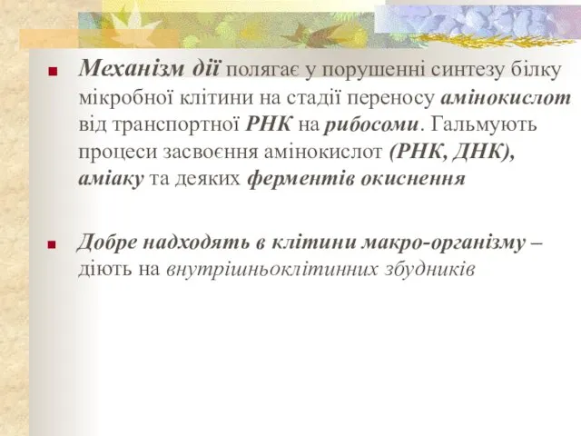 Механізм дії полягає у порушенні синтезу білку мікробної клітини на стадії