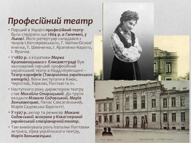 Професійний театр Перший в Україні професійний театр було створено ще 1864