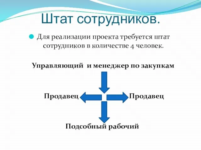 Штат сотрудников. Для реализации проекта требуется штат сотрудников в количестве 4