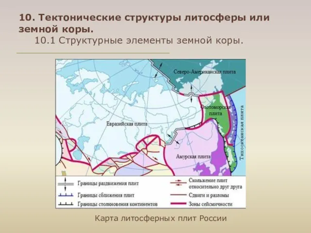 10. Тектонические структуры литосферы или земной коры. 10.1 Структурные элементы земной коры. Карта литосферных плит России