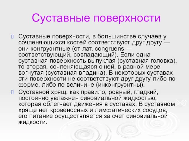 Суставные поверхности Суставные поверхности, в большинстве случаев у сочленяющихся костей соответствуют