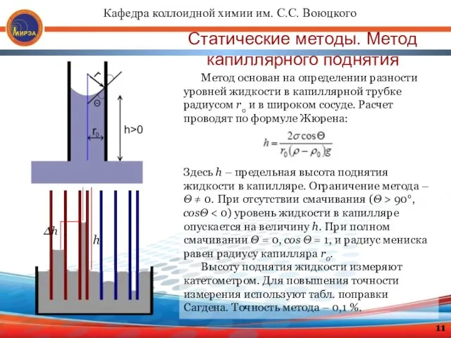 Статические методы. Метод капиллярного поднятия Метод основан на определении разности уровней