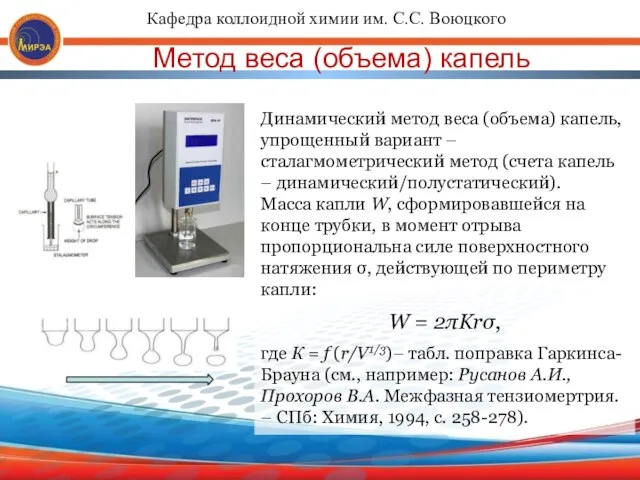 Метод веса (объема) капель Динамический метод веса (объема) капель, упрощенный вариант