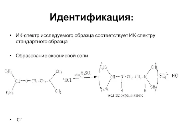 Идентификация: ИК-спектр исследуемого образца соответствует ИК-спектру стандартного образца Образование оксониевой соли Cl-