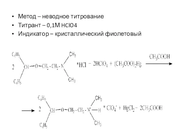 Метод – неводное титрование Титрант – 0,1М HClO4 Индикатор – кристаллический фиолетовый