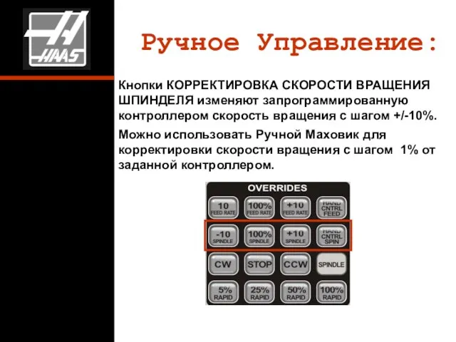 Ручное Управление: Кнопки КОРРЕКТИРОВКА СКОРОСТИ ВРАЩЕНИЯ ШПИНДЕЛЯ изменяют запрограммированную контроллером скорость