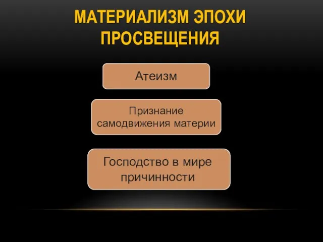 МАТЕРИАЛИЗМ ЭПОХИ ПРОСВЕЩЕНИЯ Атеизм Признание самодвижения материи Господство в мире причинности